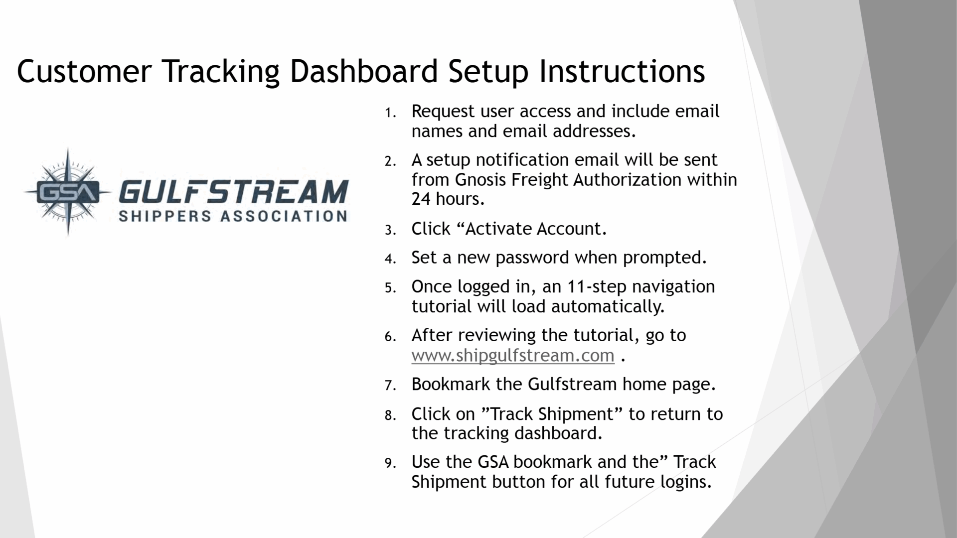 Resources | User Dashboard Setup by Gulfstream Shippers Association