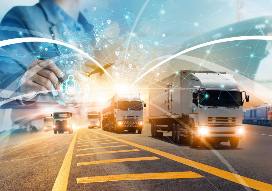 Logistics technology concept with trucks and planes.
